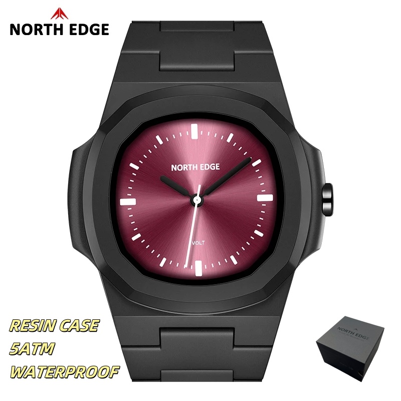 Jewelry Box Organizer Watches - NORTH EDGE นาฬิกาสําหรับชายใหม่โวลต์ควอตซ์นาฬิกาแฟชั่นเรซิ่นสแควร์ว่ายน้ํา 50M กันน้ํานาฬิกาผู้ชายของขวัญกล่อง