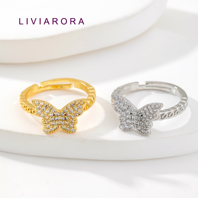Gold Plated Ring - 1/2/4 ชิ้น แหวนทองเหลืองชุบทอง 18K ประดับเพชรเซอร์คอนรูปผีเสื้อ สำหรับทำเครื่องประดับ