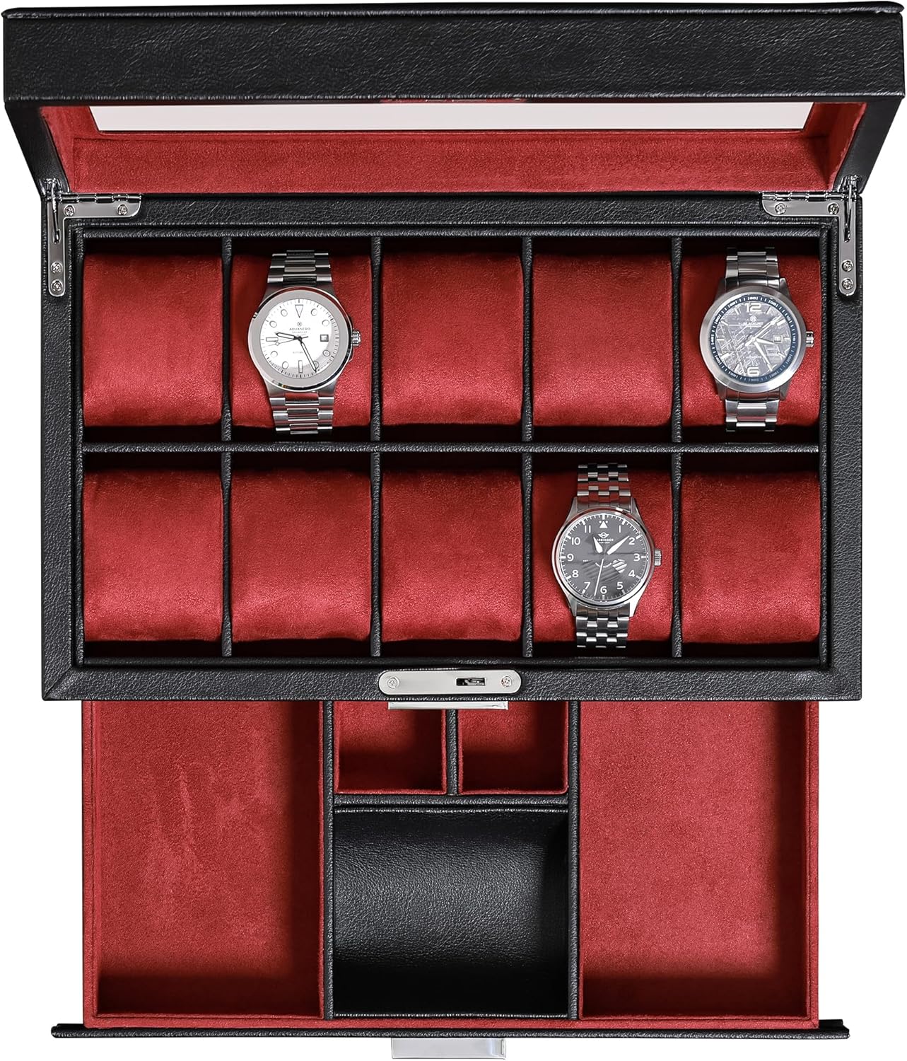 Jewelry Box Organizer Watches - กล่องใส่นาฬิกา 10 ช่อง ทำจากหนัง พร้อมลิ้นชักเก็บของ กล่องใส่นาฬิกาสุดหรู