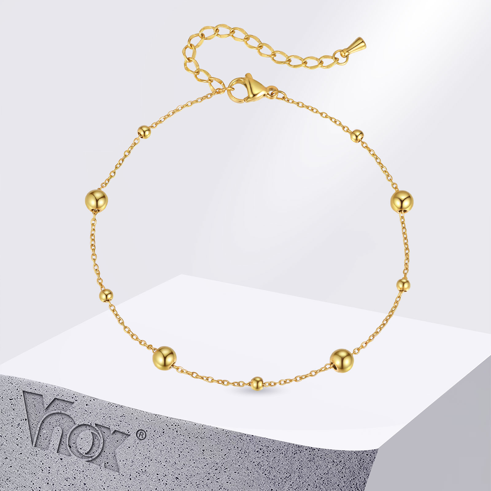 Jc Jewelry & Watches Photos - กำไลข้อเท้าลูกปัดสแตนเลส Vnox สีทองเรียบง่าย ขนาด 21-26 ซม.