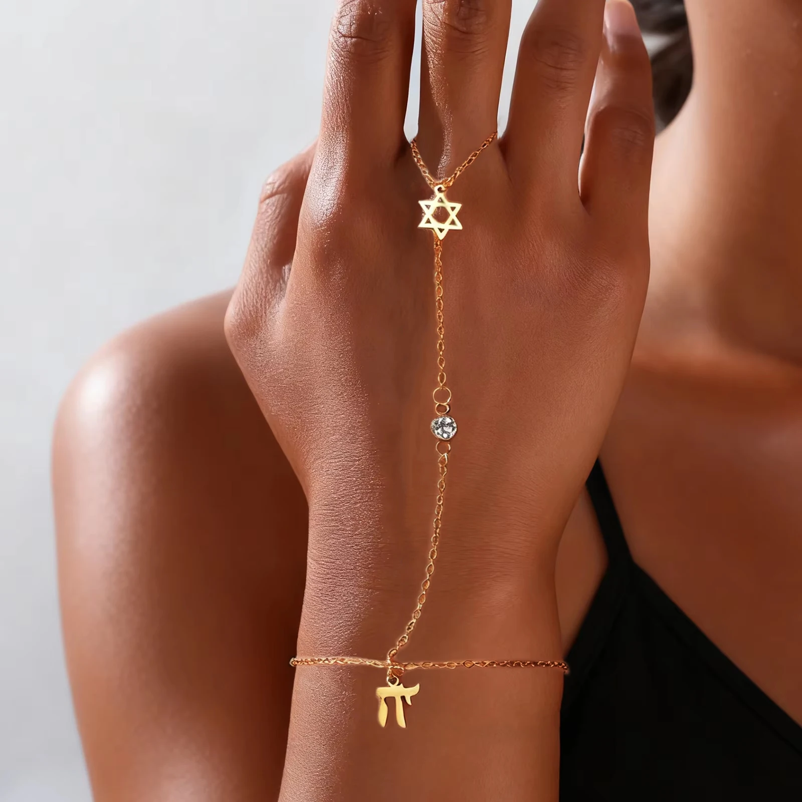 Jewelry & Watches Spółka Z Ograniczoną Odpowiedzialnością Sp Z Oo - กำไลข้อมือรูปดาวหกแฉกของชาวยิว ตัวอักษรฮีบรู ไช ทำจากสแตนเลสสตีล ปรับขนาดได้ ประดับเพชรซิคอน