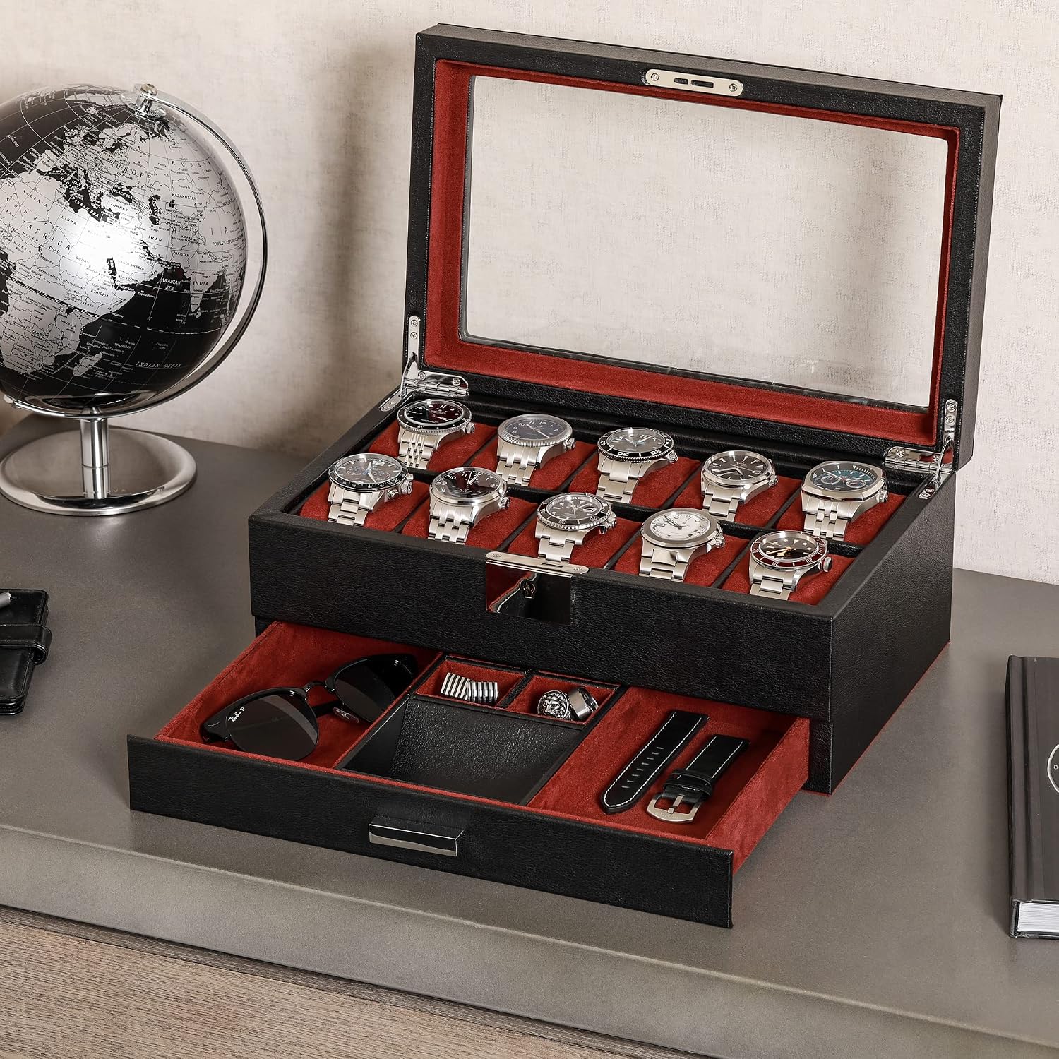 กล่องใส่นาฬิกา 10 ช่อง ทำจากหน - Jewelry Box Organizer Watches บทวิจารณ์และราคา
